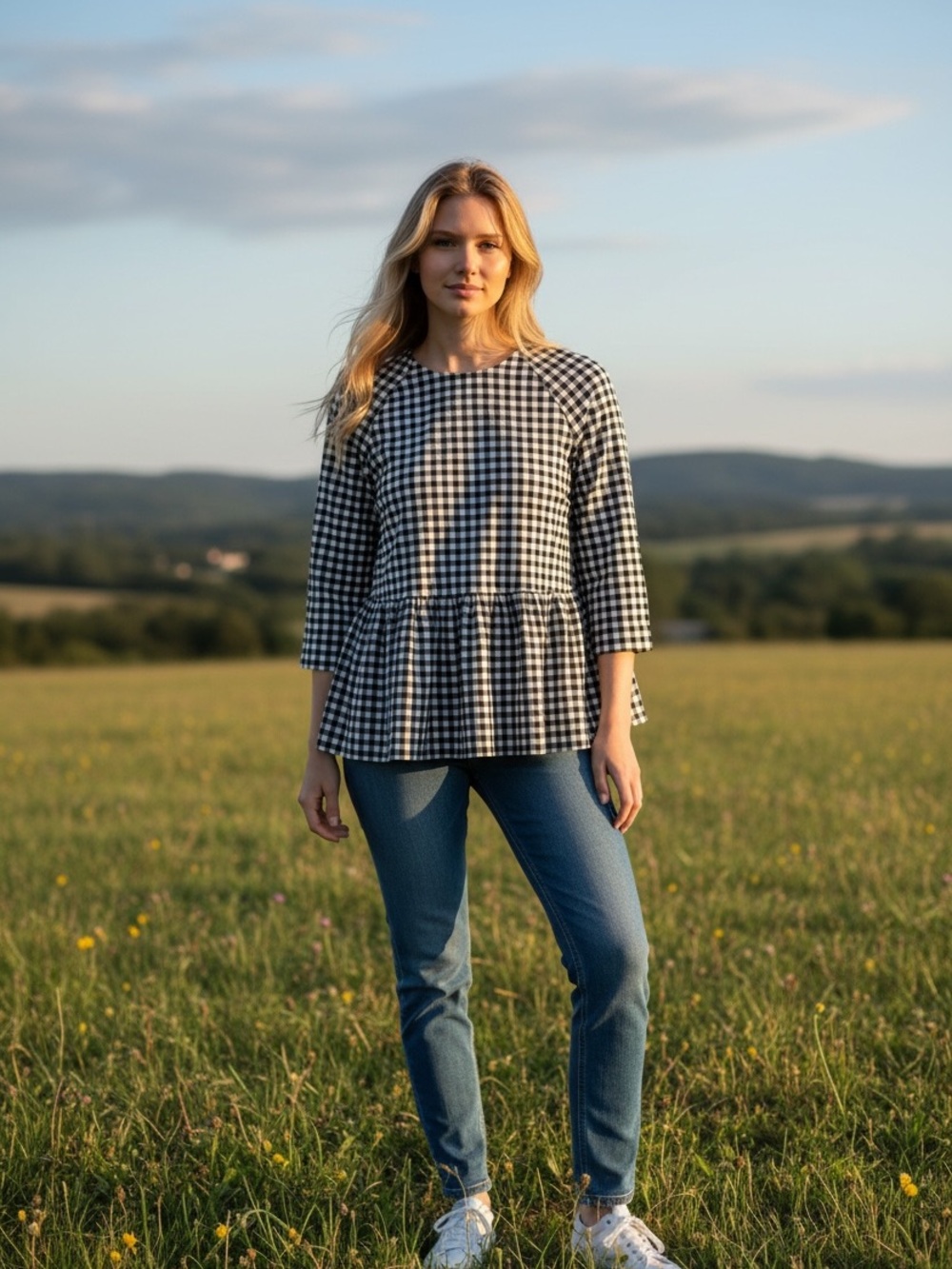 Victoria Beckham for Target Black and White Gingham Peplum Top